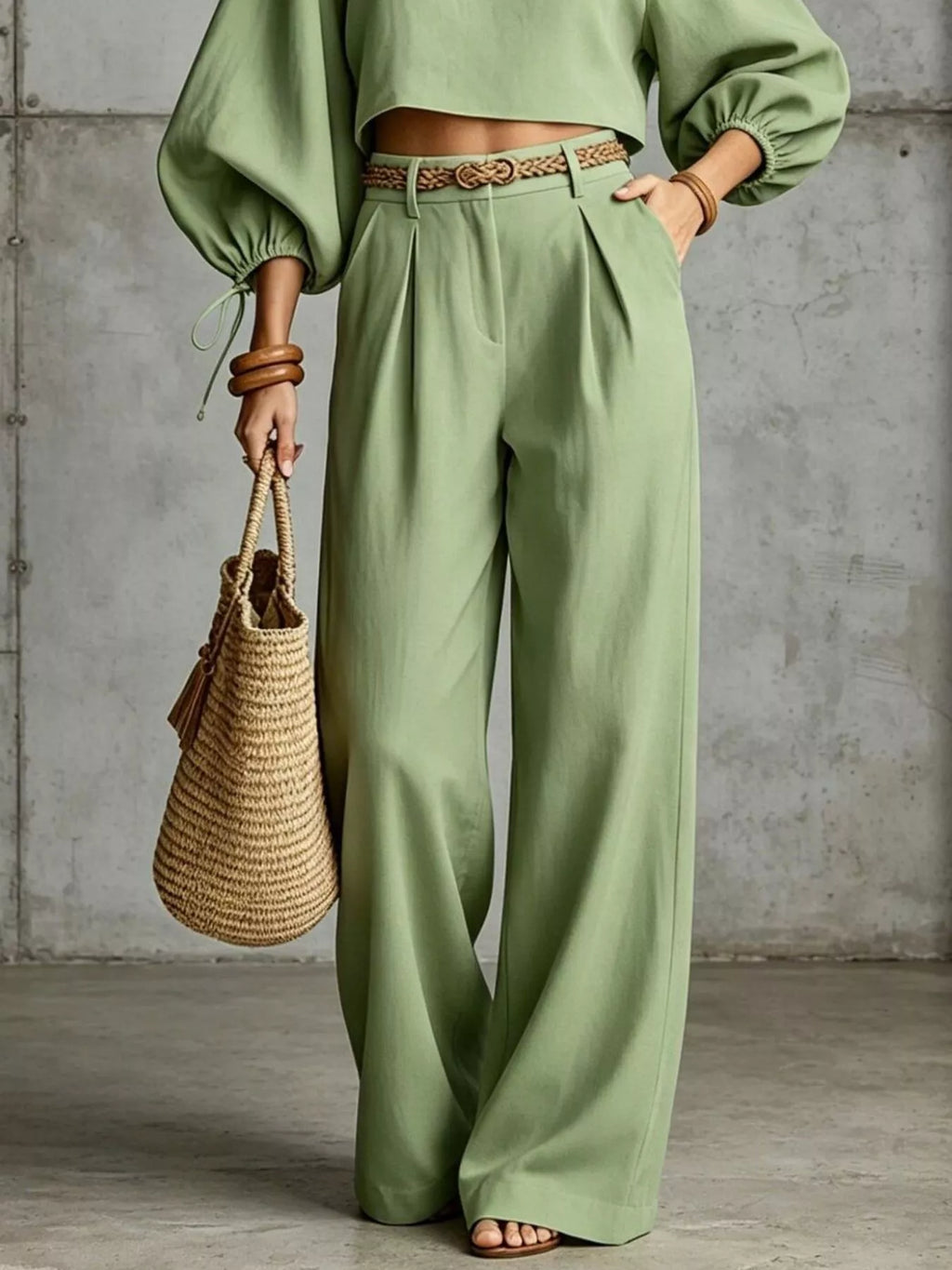 Balloon Sleeve Crop Top Wide-leg Pants Set (6)