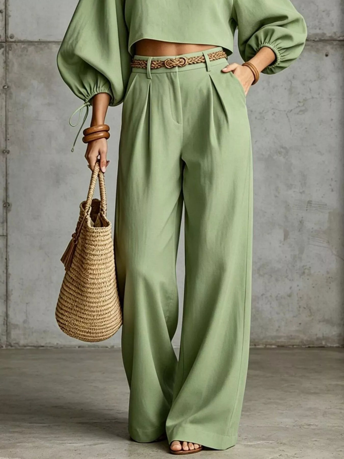 Balloon Sleeve Crop Top Wide-leg Pants Set (6)