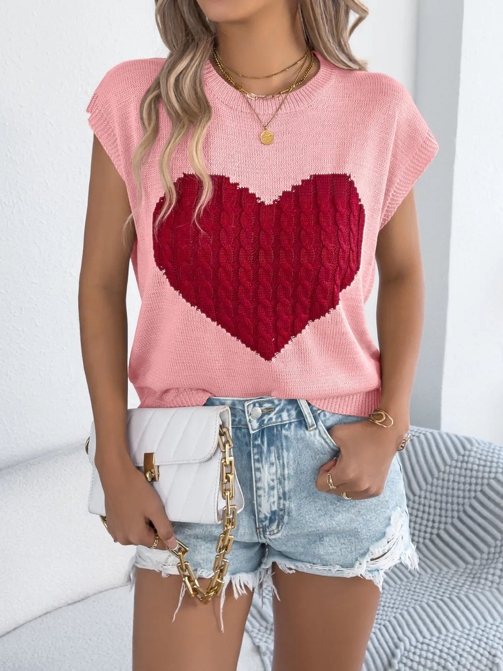 Cable Knit Heart Round Neck Cap Sleeve Top (3)