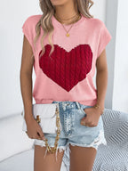 Cable Knit Heart Round Neck Cap Sleeve Top (3)