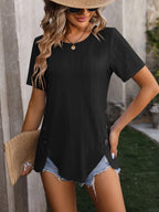 Decorative Button Round Neck Short Sleeve Blouse (13)
