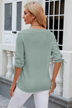Eyelet Drawstring V-neck Half Sleeve T-shirt (32)