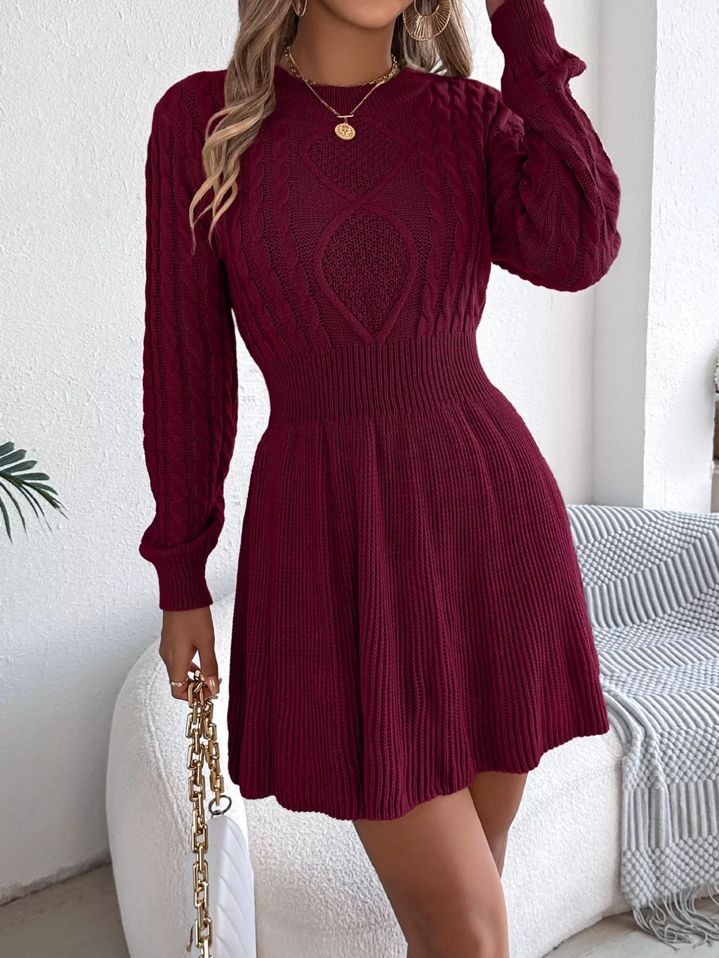 Cable Knit Long Sleeve Sweater Dress (9)