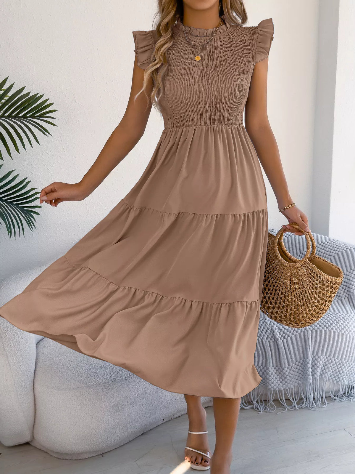 Smocked Ruffled Cap Sleeve Dress (7)