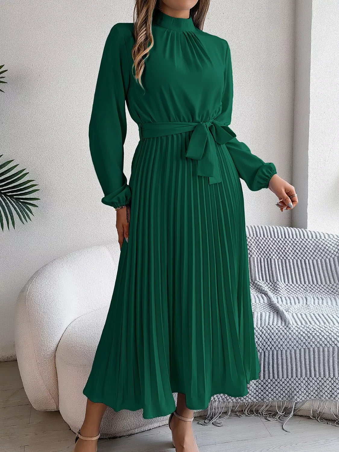 Mock Neck Pleated Midi Dress (11)