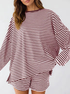 Casual Striped Long Sleeve Top Shorts Set (7)