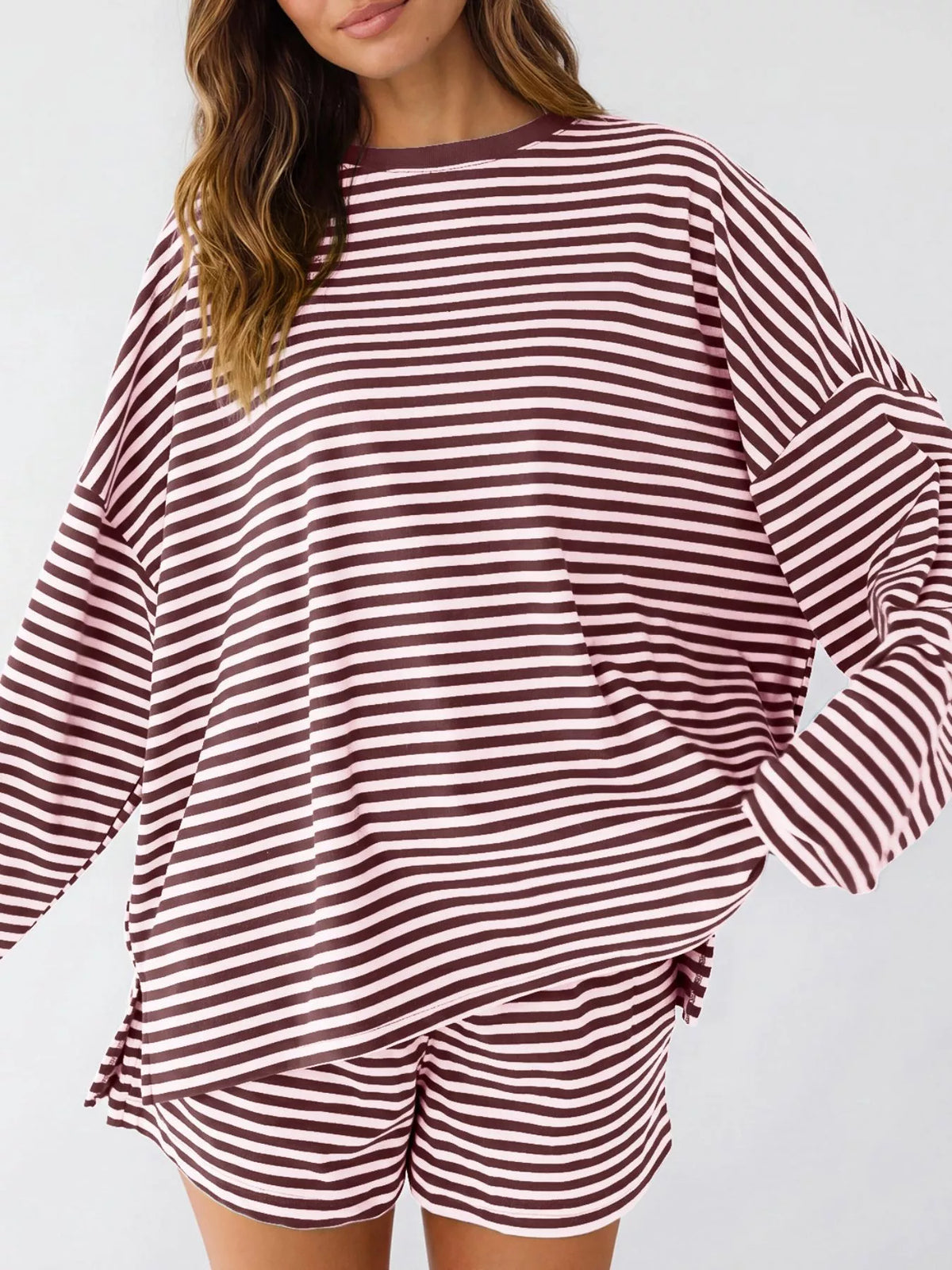 Casual Striped Long Sleeve Top Shorts Set (7)