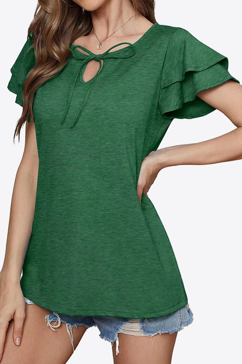 Tie-neck Layered Flutter Sleeve Blouse (23)
