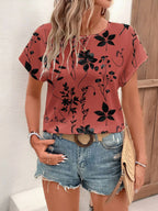 Printed Round Neck Short Sleeve Blouse (10)