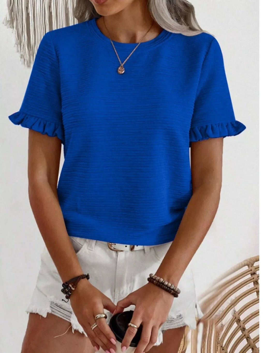 Textured Ruffle Sleeve Round Neck T-shirt (13)