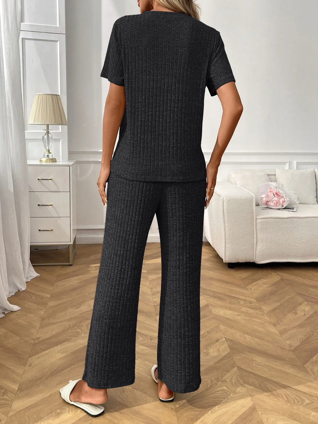 Ribbed Knit Short Sleeve Top Pants Lounge Set (8)