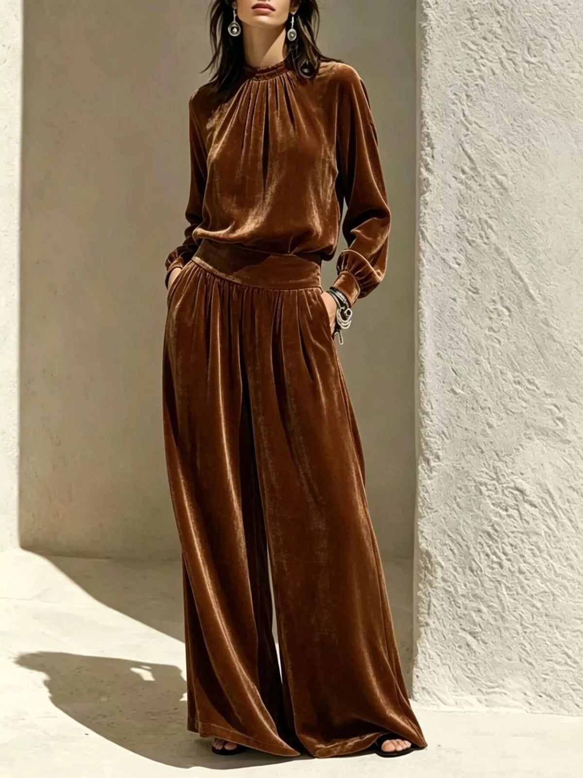 Velvet Mock Neck Long Sleeve Top Wide-leg Pants Set (7)