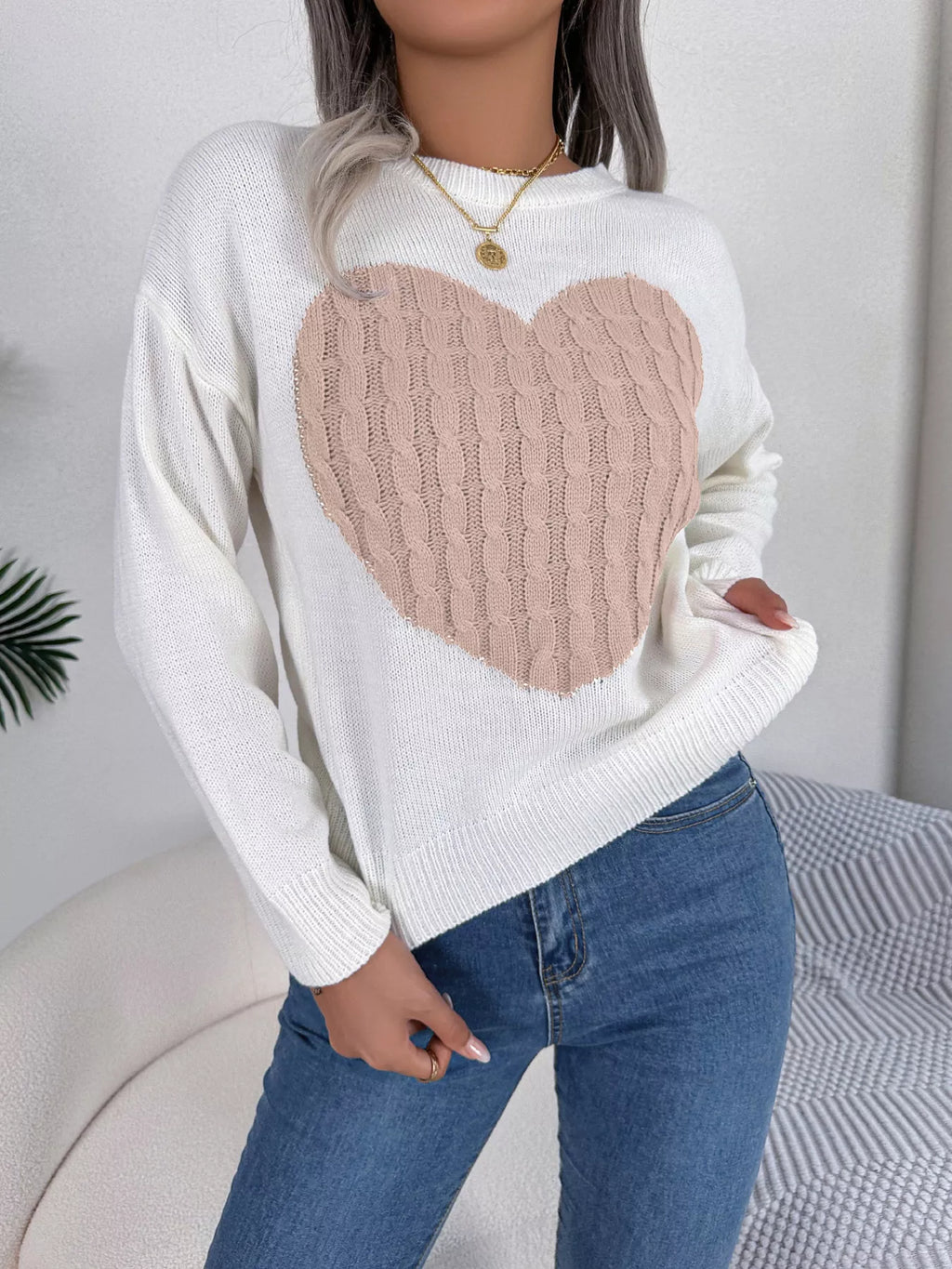Cable Knit Heart Round Neck Sweater (7)