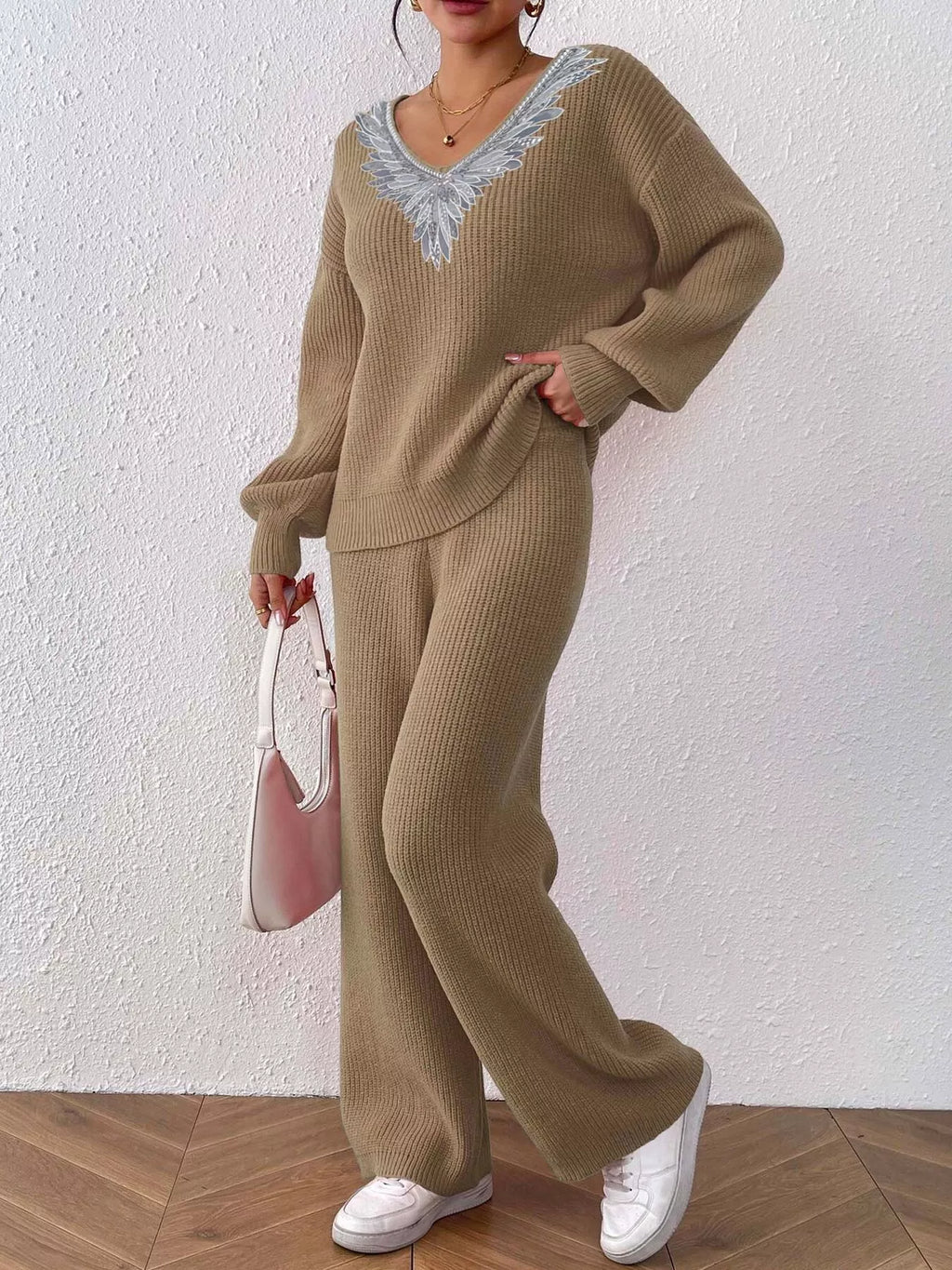 V-neck Sweater Pants Set (4)
