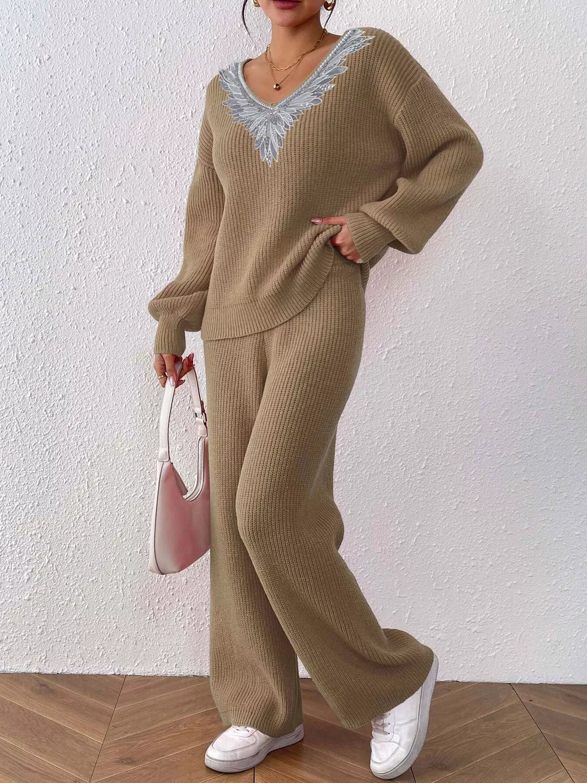V-neck Sweater Pants Set (4)