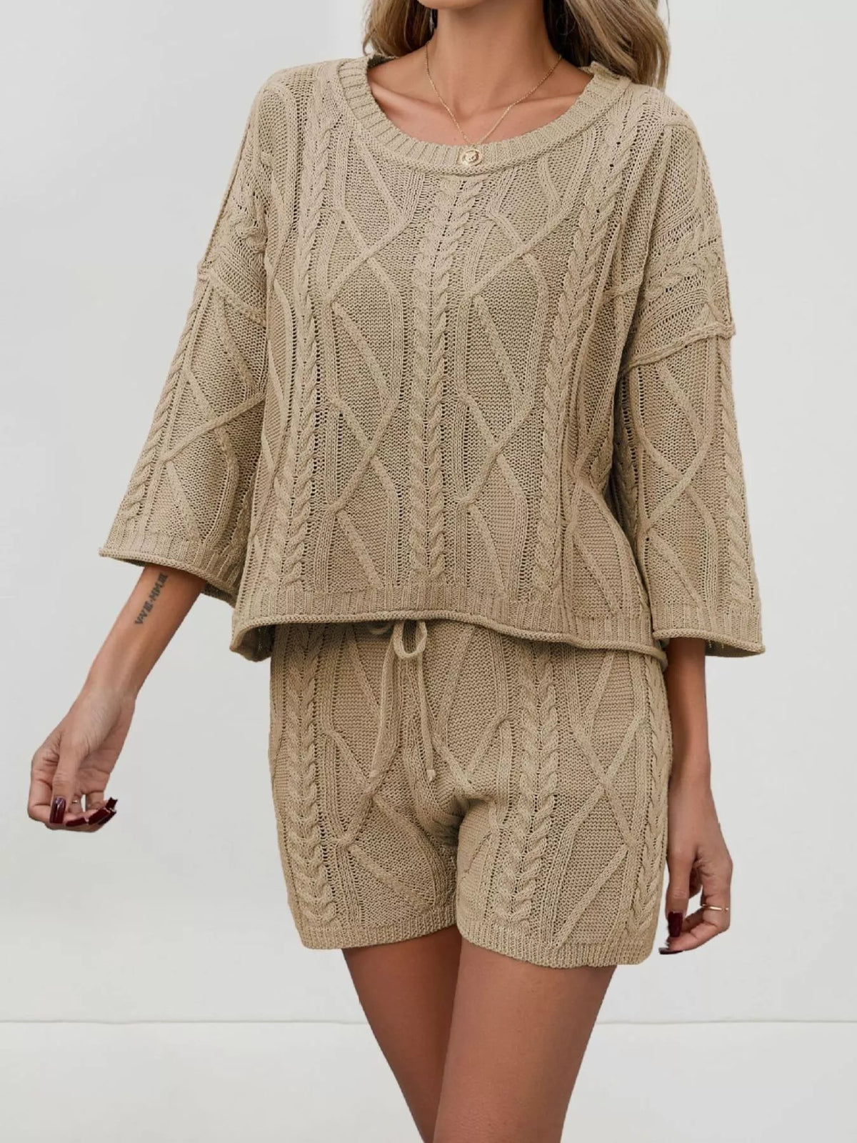 Cable Knit 3/4 Sleeve Sweater Shorts Set (5)