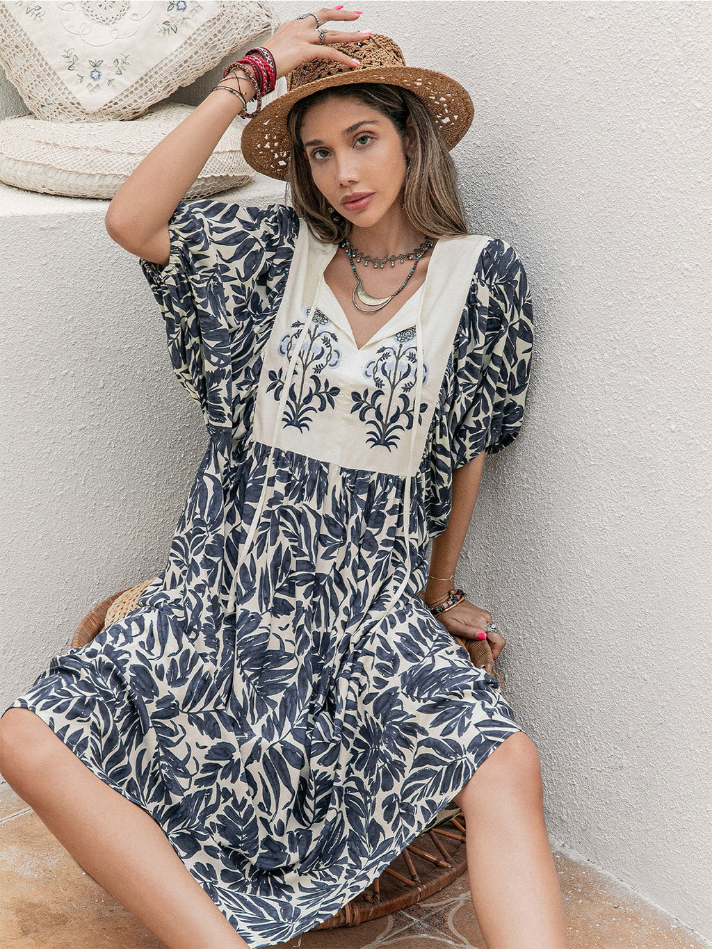 Printed Tie Neck Midi Dress (3)