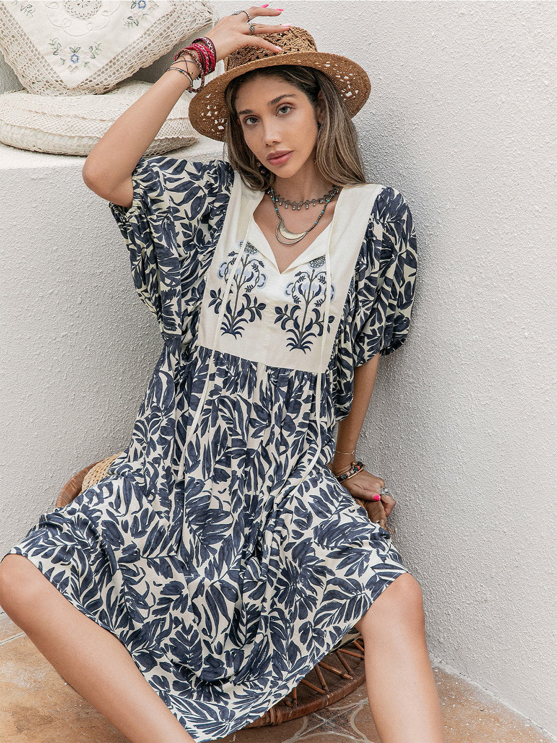 Printed Tie Neck Midi Dress (3)
