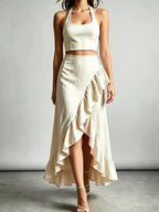 Halter Neck Crop Top High-low Maxi Skirt Two-piece Set