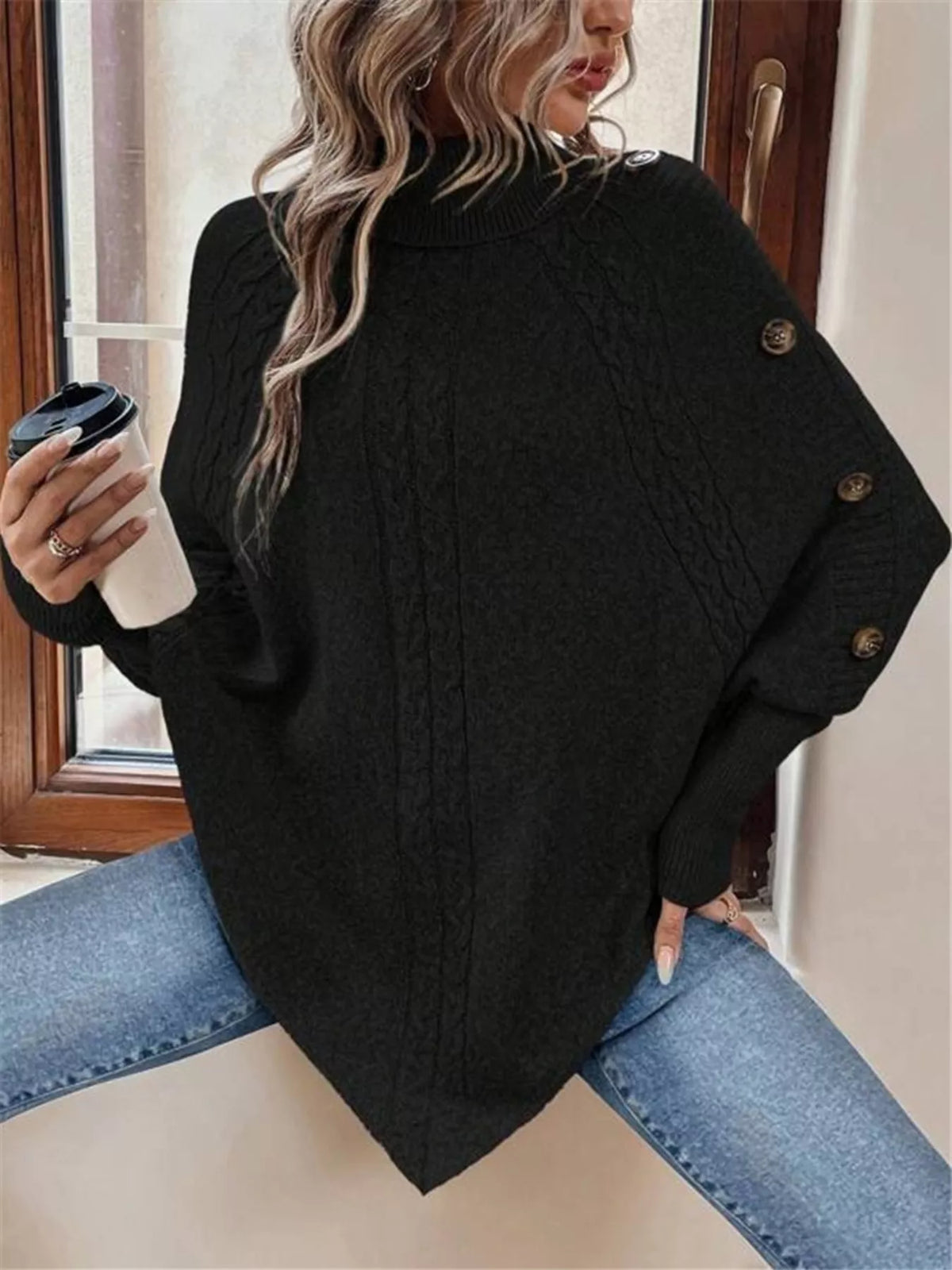 Cable Knit Turtleneck Cape Sweater (13)