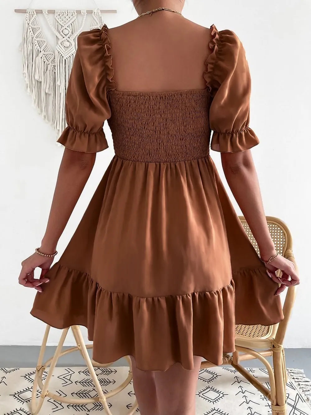 Smocked Square Neck Short Sleeve Dress (14)