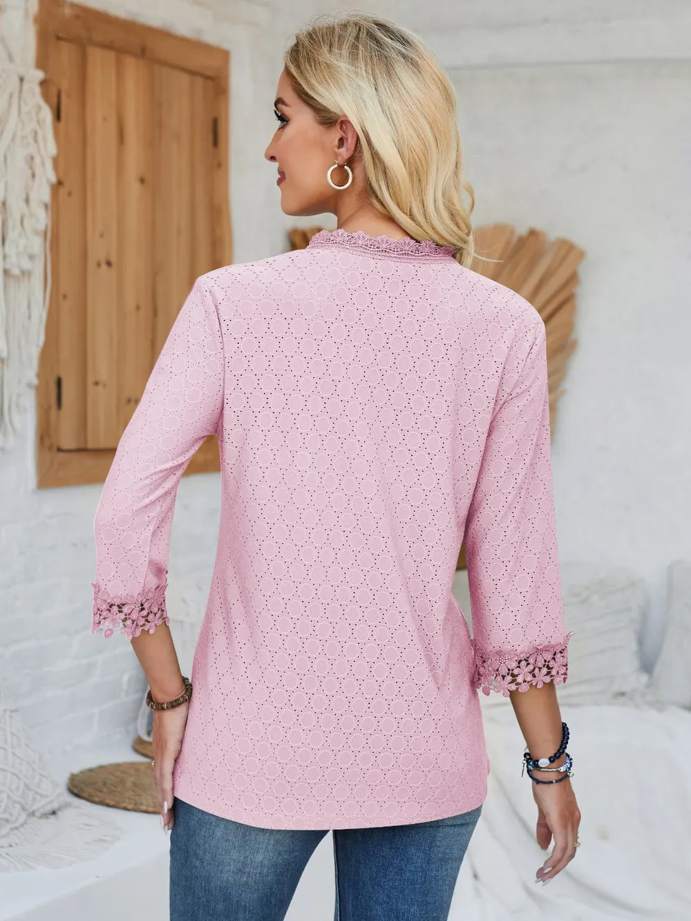 Lace Detail V-neck Three-quarter Sleeve Blouse (16)