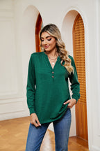 Buttoned Notched Neck Long Sleeve Top (23)