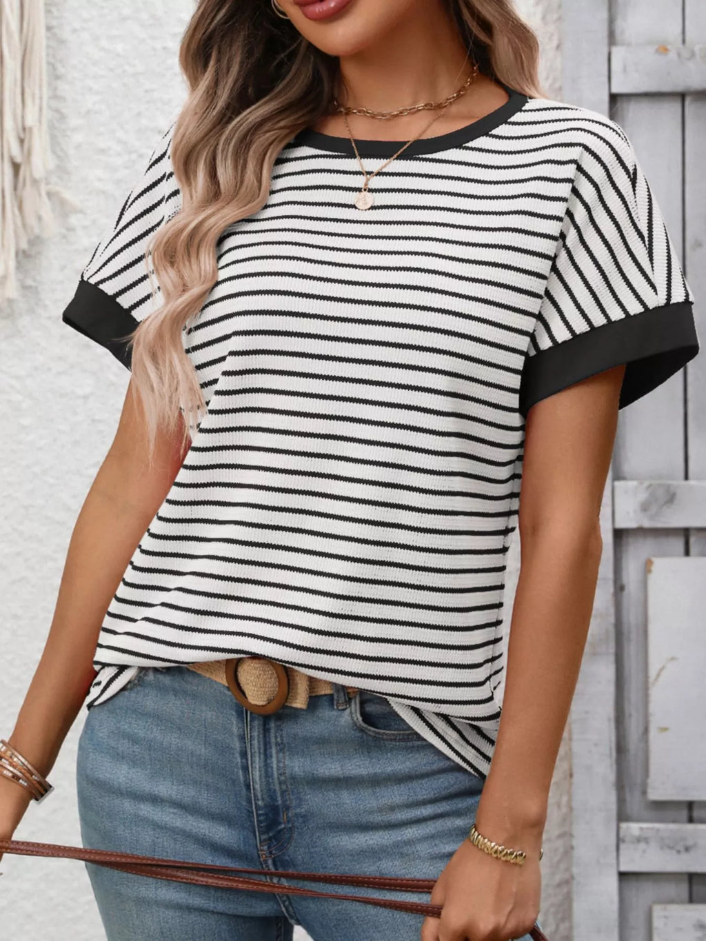 Striped Ribbed Knit Short Sleeve T-shirt (9)