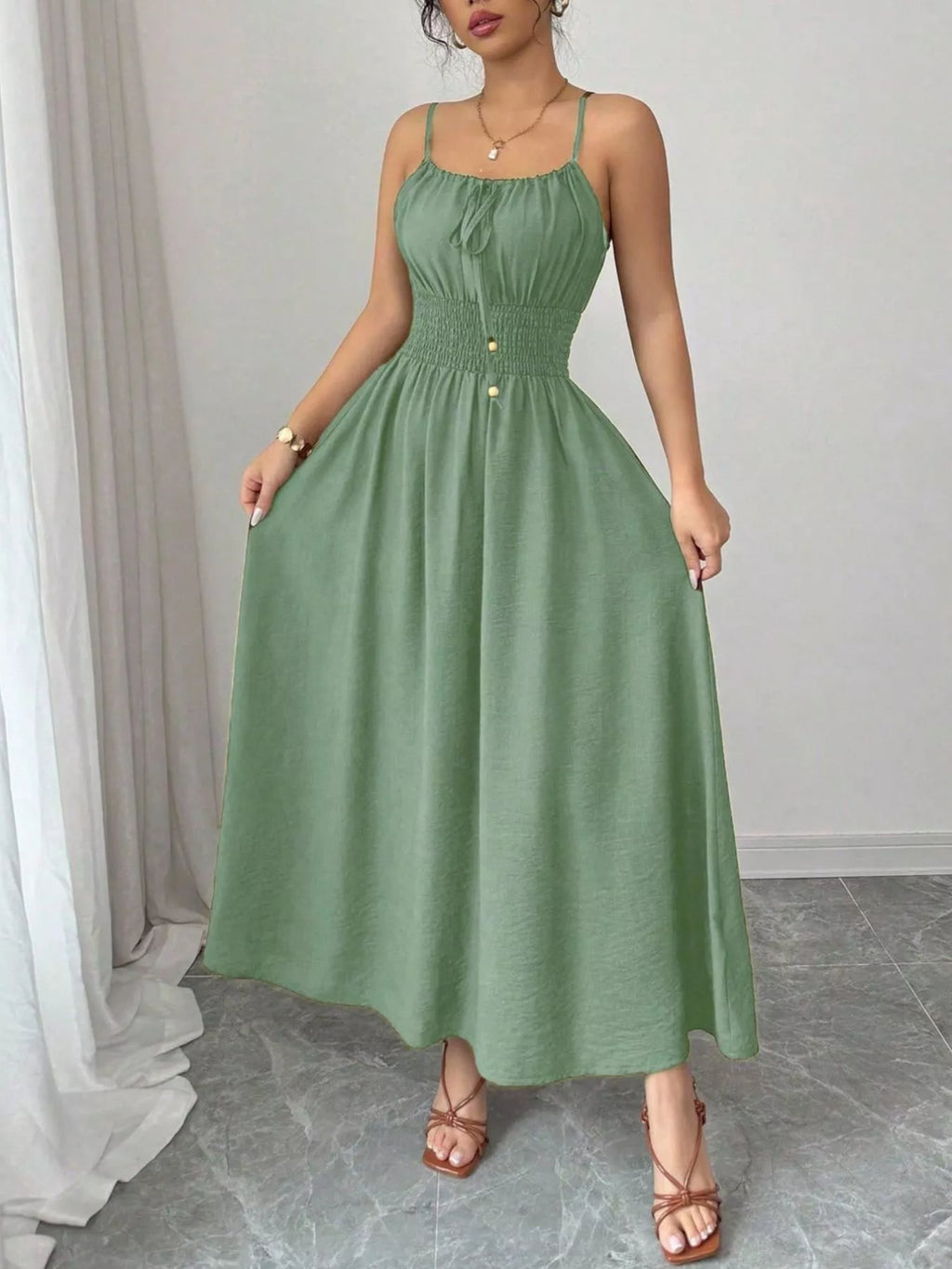 Smocked Spaghetti Strap Midi Dress (2)