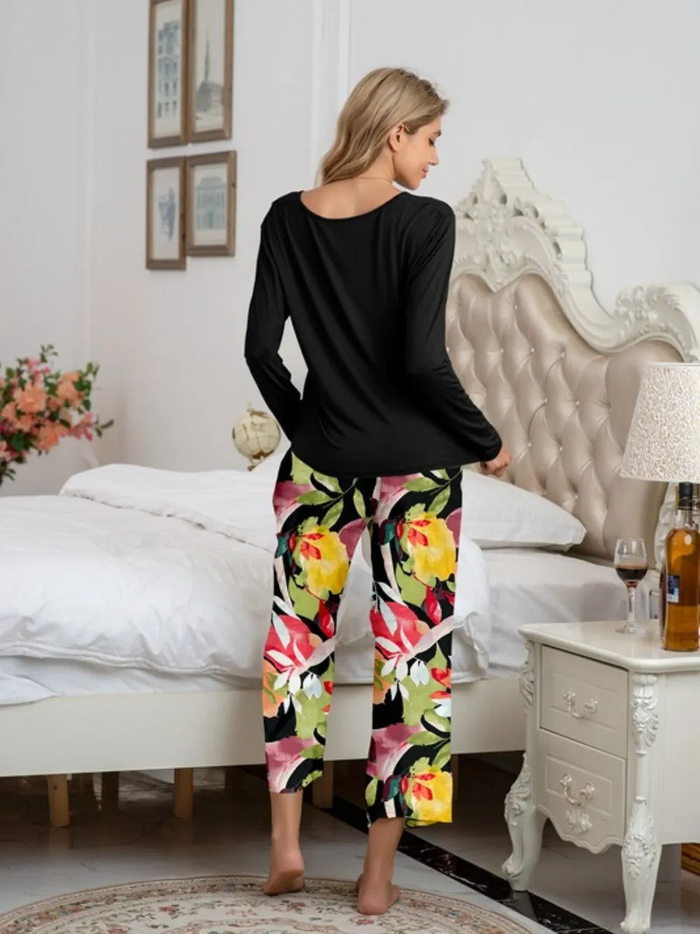 Round Neck Top Printed Pants Lounge Set (14)