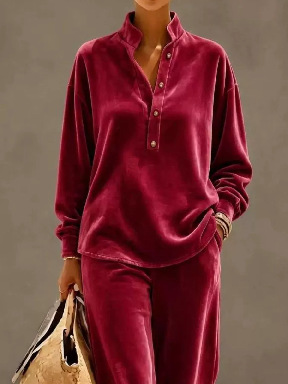 Full Size Half Button Top Wide Leg Pants Set Plus (12)