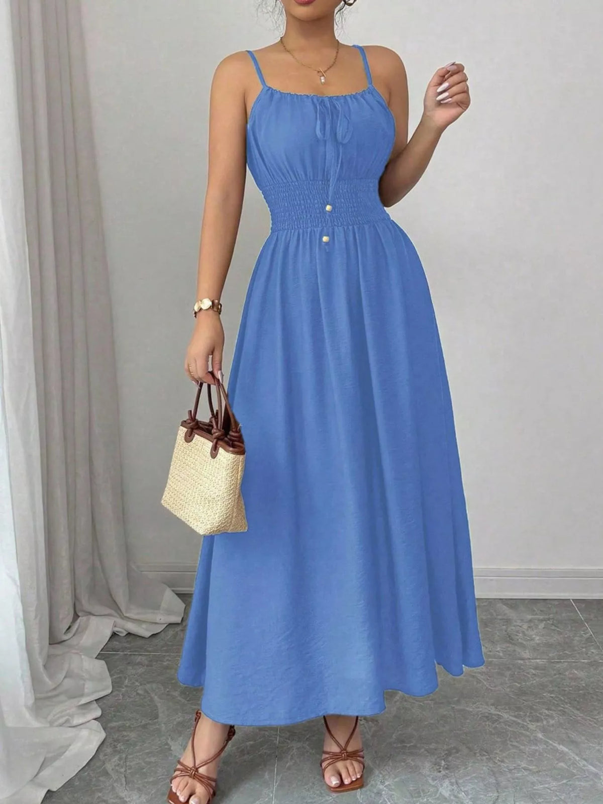 Smocked Spaghetti Strap Midi Dress (5)