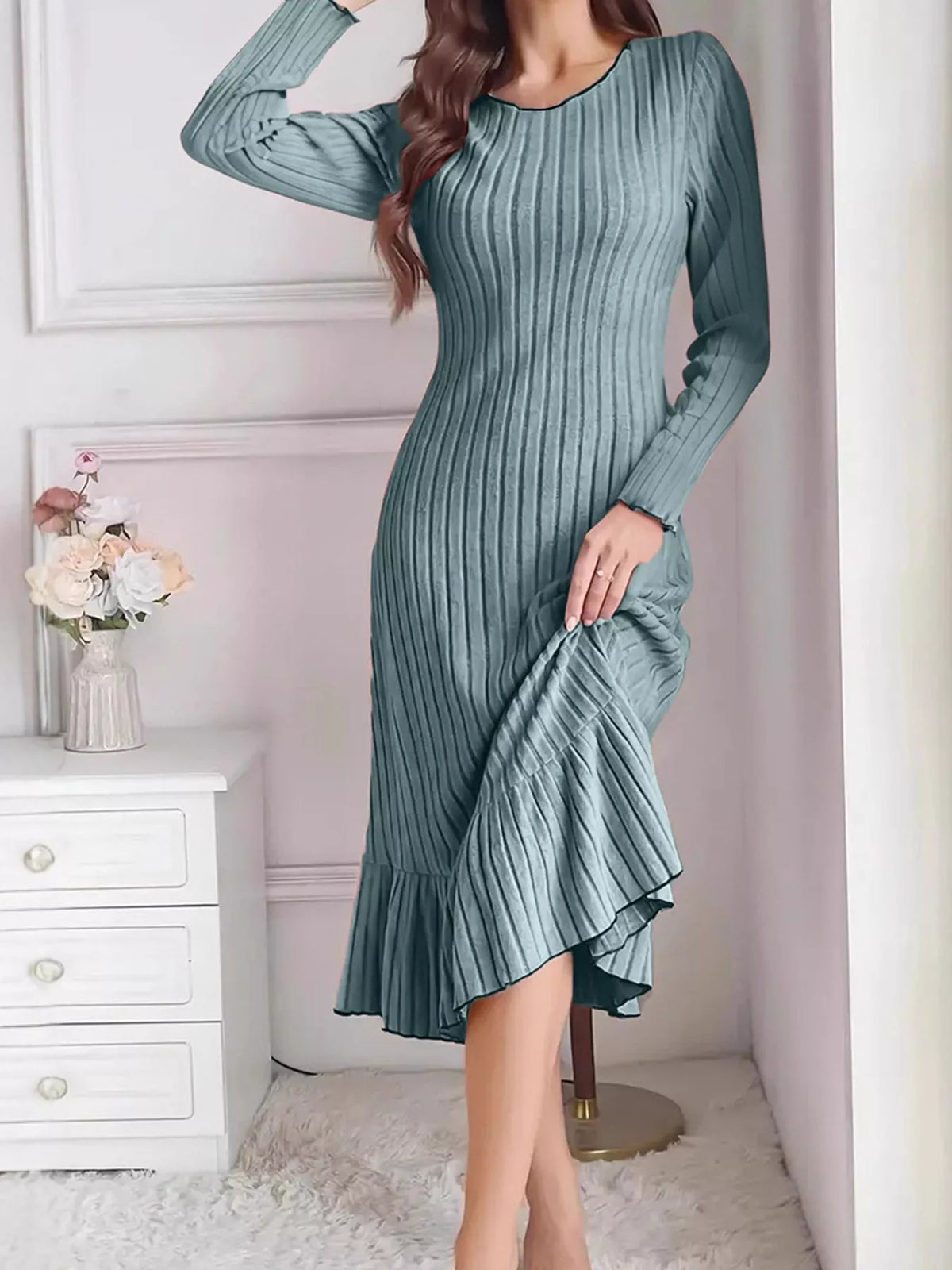 Full Size Ribbed Knit Ruffle Hem Bodycon Dress Plus