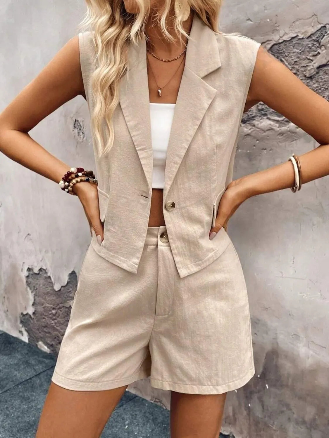 One Button Sleeveless Top Shorts Set