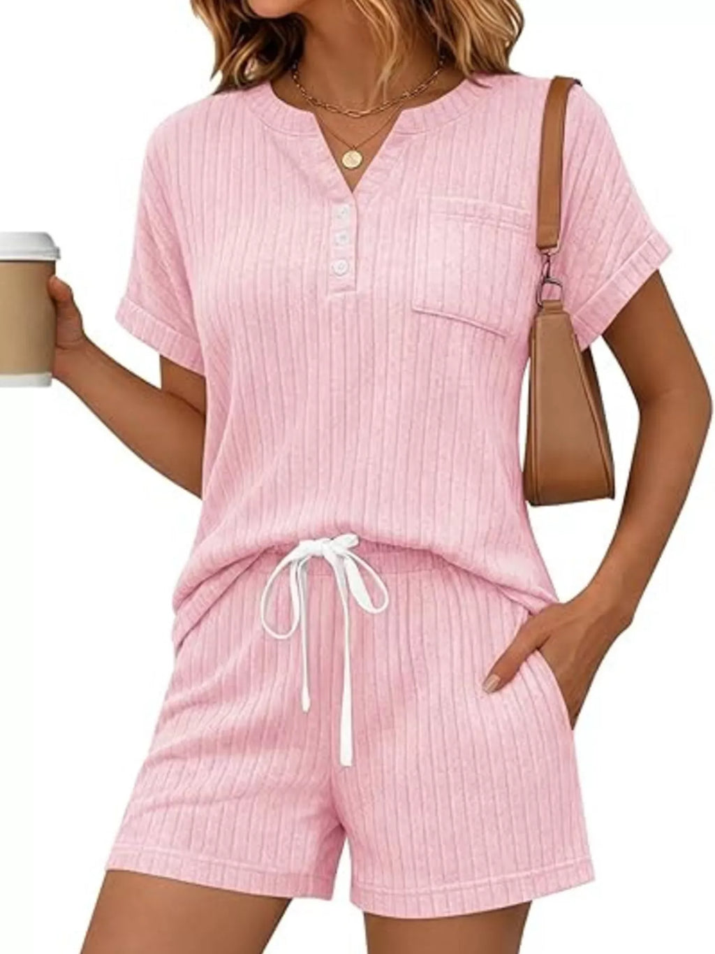 Casual Ribbed Knit Tee Shorts Set (25)