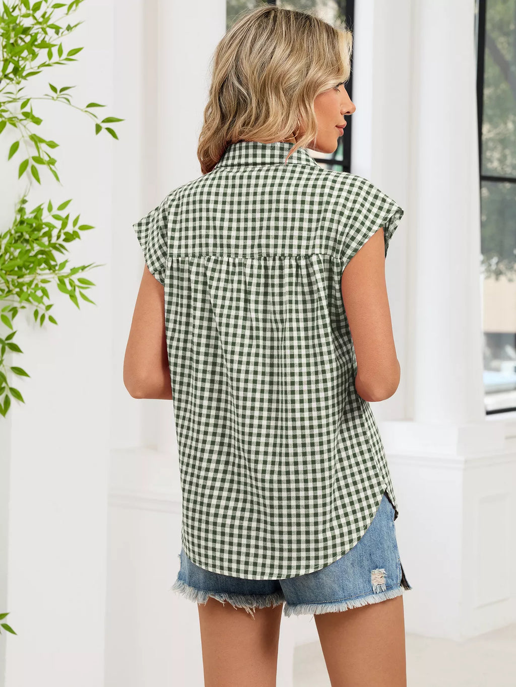 Plaid Button Up Cap Sleeve Shirt (28)