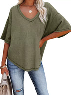 Waffle Knit V-neck Short Sleeve T-shirt (27)