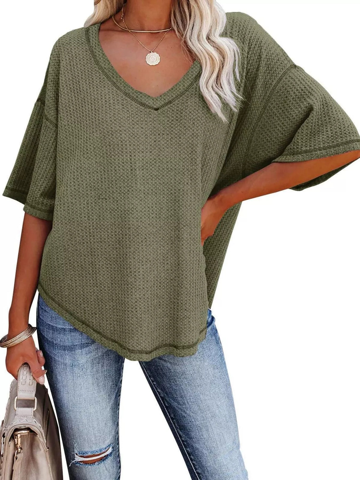 Waffle Knit V-neck Short Sleeve T-shirt (27)
