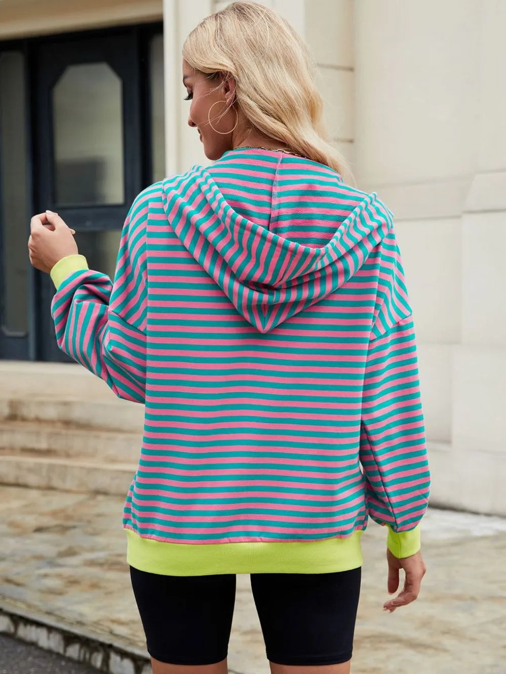 Drawstring Striped Zip Up Long Sleeve Hoodie (2)