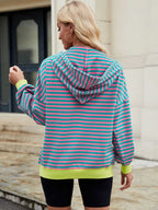 Drawstring Striped Zip Up Long Sleeve Hoodie (2)