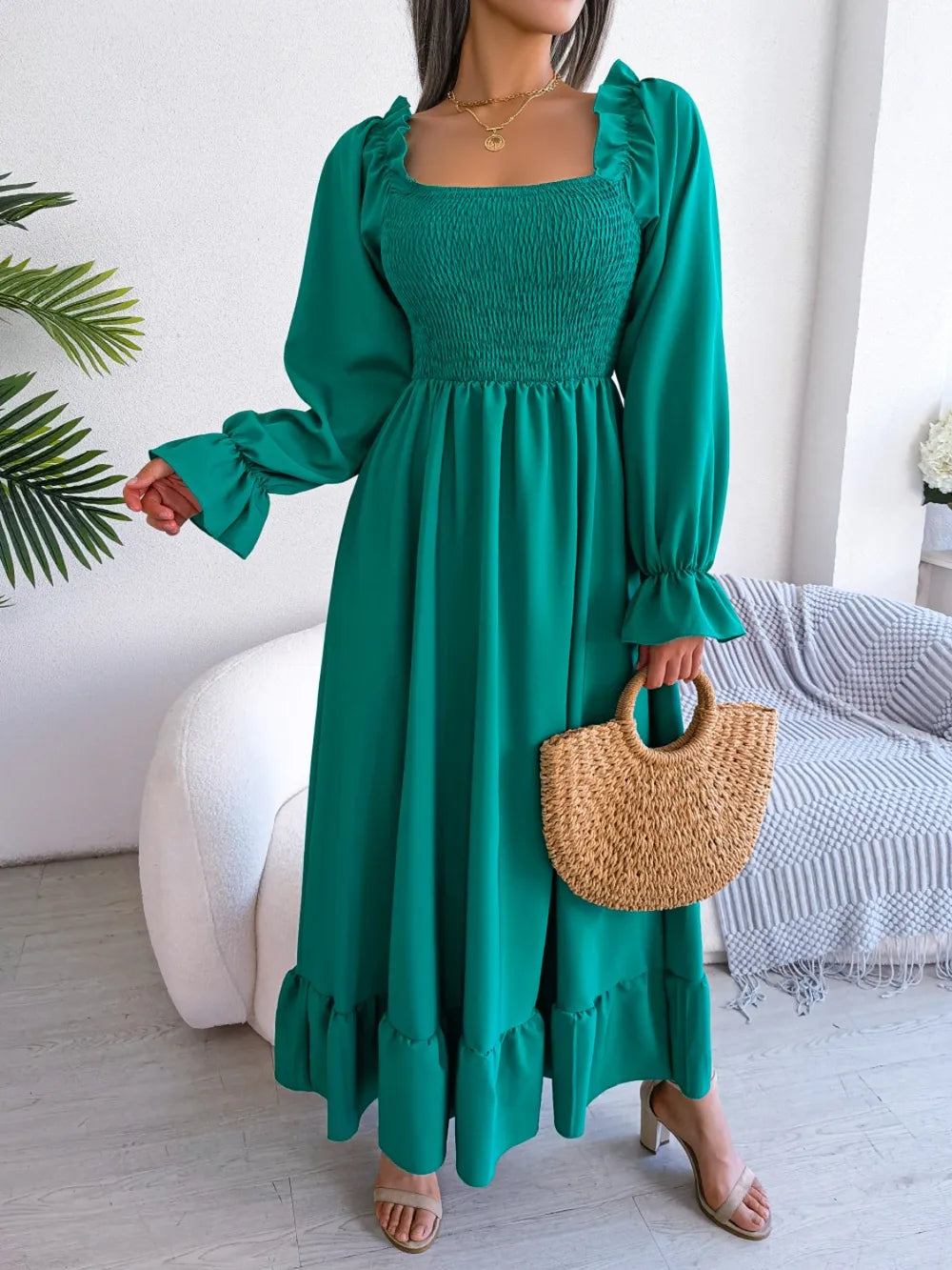 Smocked Square Neck Flounce Sleeve Dress (17)