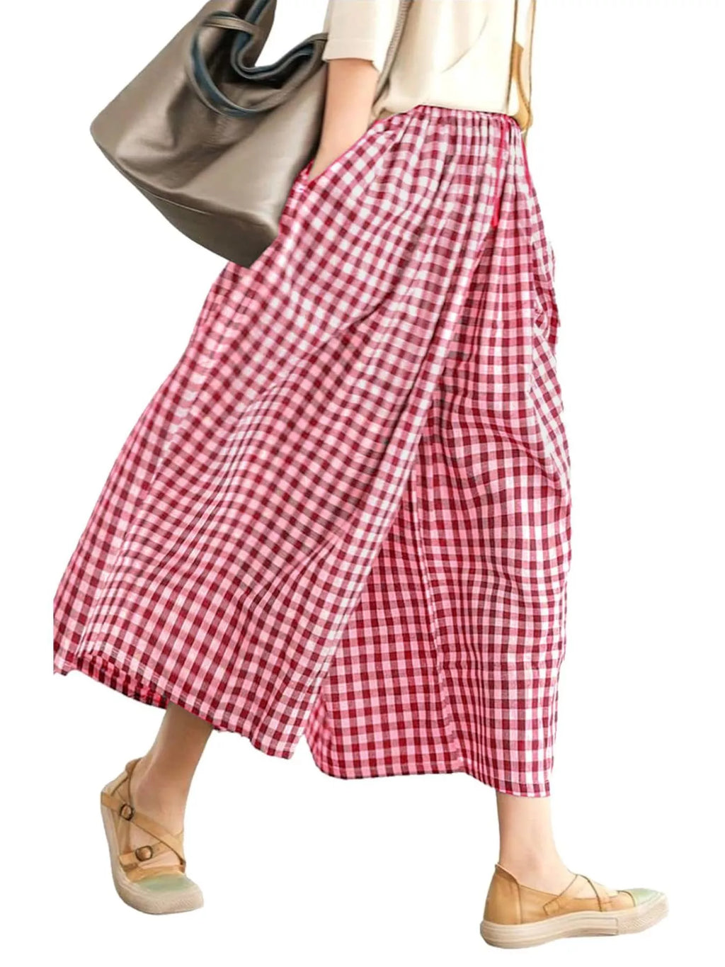 Gingham Wide-leg Cropped Pants (3)