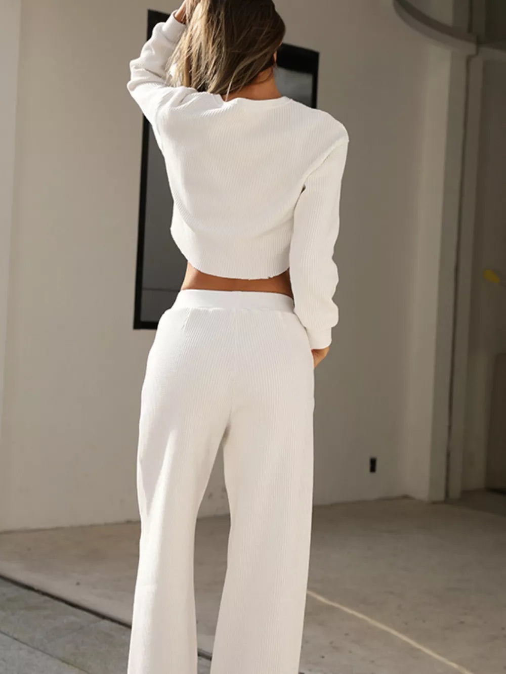 Waffle-knit Round Neck Top Pants Set (2)