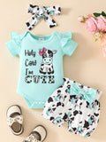 Children's Ruffled Cow Bodysuit Shorts Set Headband
