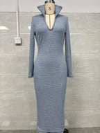 Ribbed Knit V-neck Sweater Dress (3)