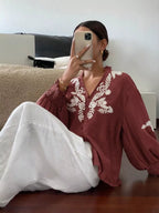 Embroidered Notched Long Sleeve Blouse (30)