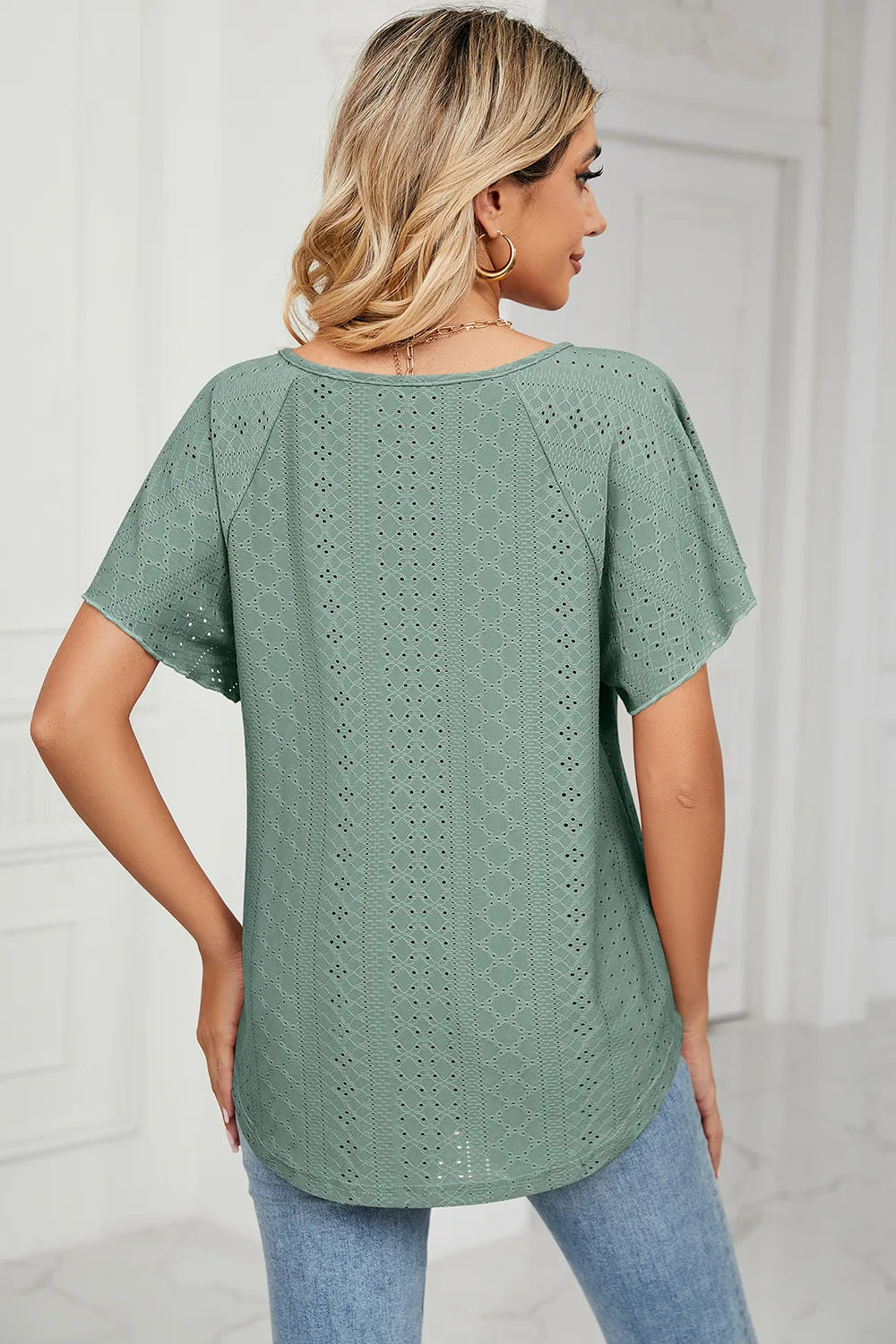 Eyelet Tie Neck Flutter Sleeve Blouse (17)