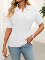 Cable Knit Johnny Collar Half Sleeve Sweater (6)