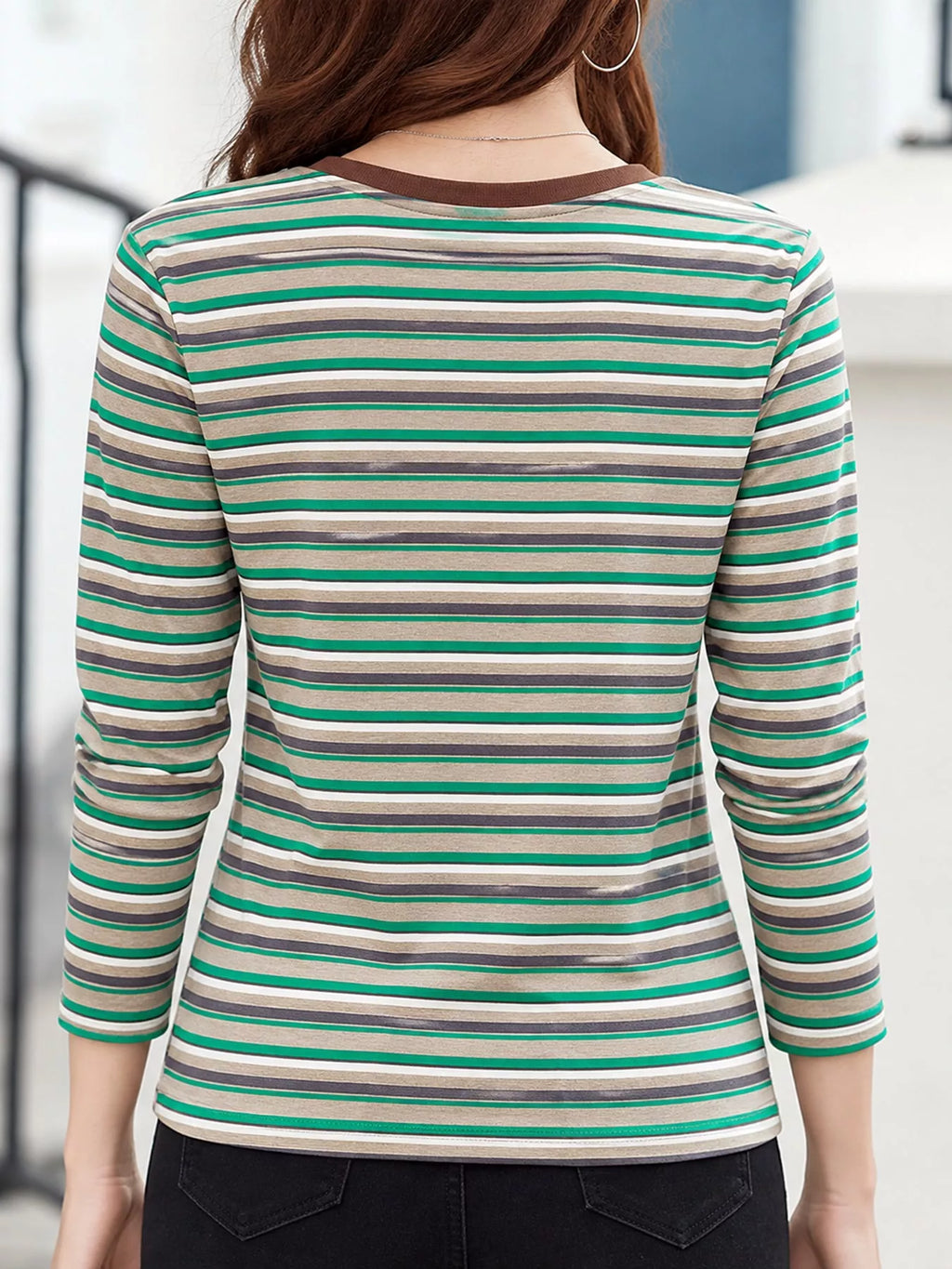Full Size Long Sleeve Striped Crew Neck Casual T-shirt Plus (9)
