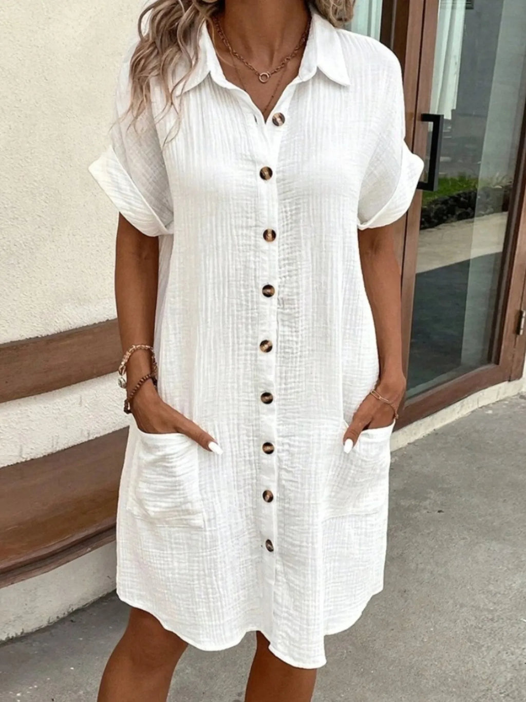 Casual Button Down Shirt Dress Pockets